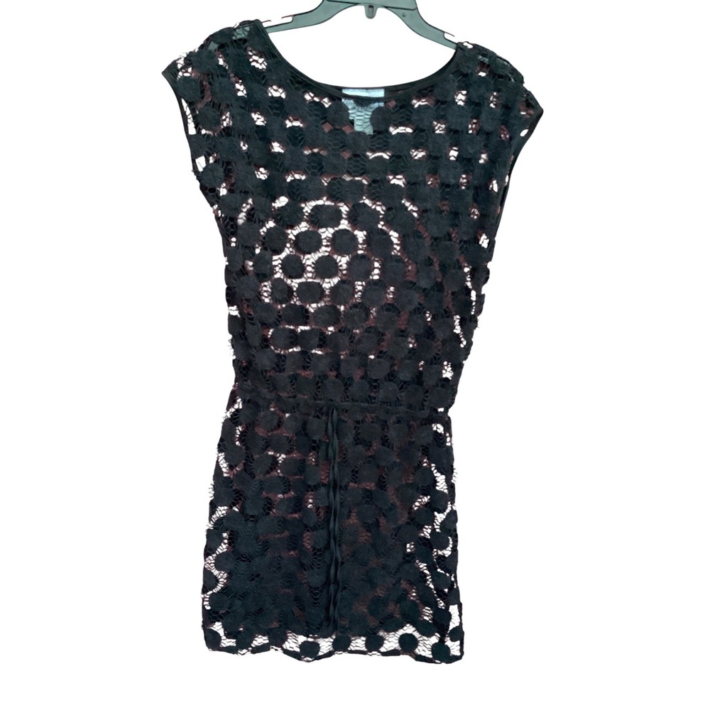 Sand & Spirit Black‎ Lace Polka Dot Swim Cover Up Dress XL Sleeveless Drawstring